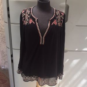 Lucky Brand Black embroidered top blouse shirt